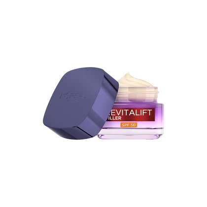 2024 OAP SkinCare Revitalift Filler Hyaluron Anti Wrinkle Cream SPF 50ml Open Pack Front 1000x1000